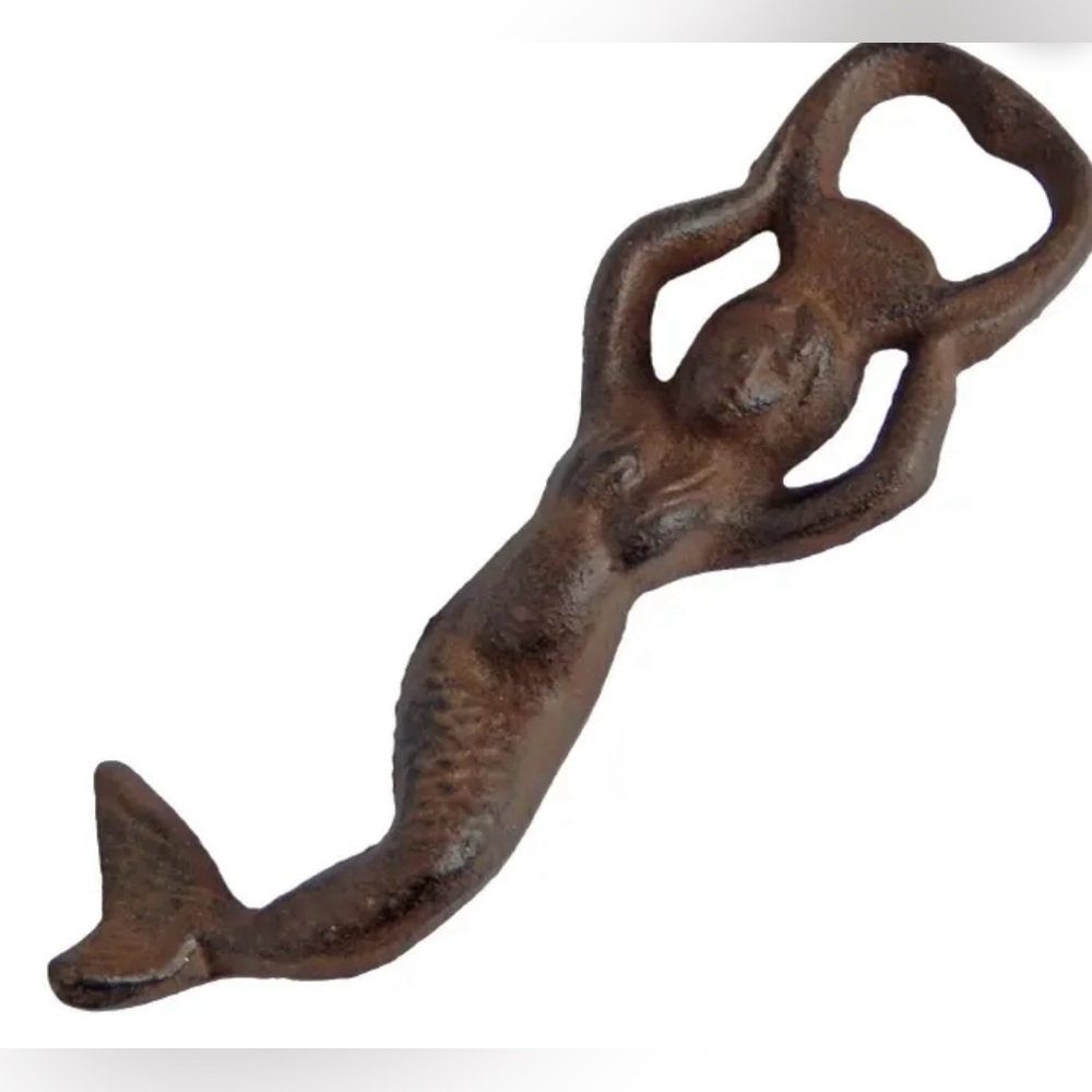 Artisan Mermaid Cast Iron Bottle Opener Coastal Handheld Beer Soda Rustic Finish